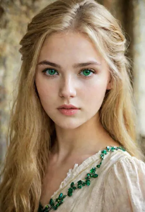 myrcella baratheon photography , beautifull woman 22 yo , sharp face, toned face, well built mature ,golden hair , emerald eyes, and full lips.slender, graceful figure, fair skin, great beauty filled cheeks