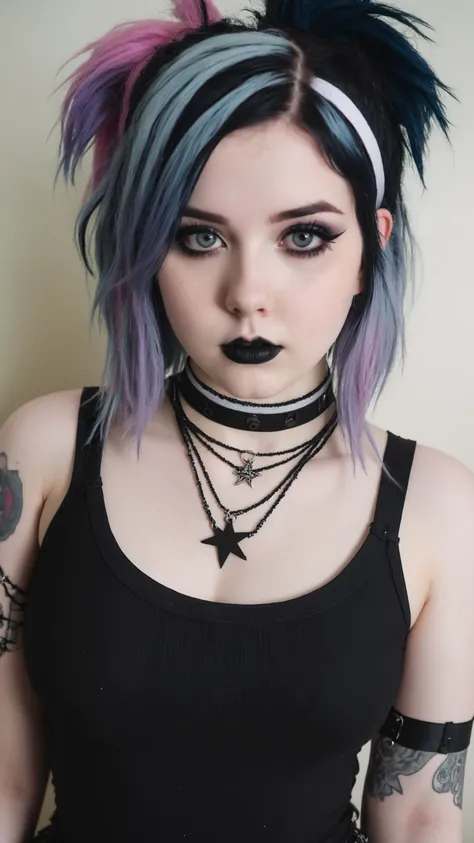 RAW photo, photograph of a 22 years old goth girl, sexy chubby goth girl, (detailed facial features), gorgeous face, grunge style, standing in her messy bedroom, pale skin, wearing eyeliner, grainy, (high detailed skin:1.2), pastel goth, scene hair, (emo girl), teased hair, wearing bracelets, wearing choker necklace, realistic photo, colorized, ((detailed face)), selfie, photorealistic