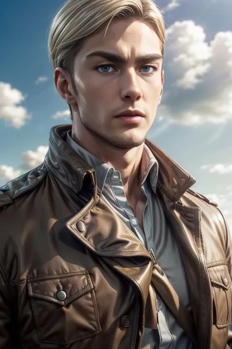 erwin_smith, muscular, broad shoulders, solo, looking at viewer, short hair, blue eyes, blonde hair, shirt, 1boy, jacket, white shirt, upper body, male focus, sky, day, cloud, brown jacket, paradis military uniform, <lora:erwin_smith:0.6>, <lora:add_detail:1>