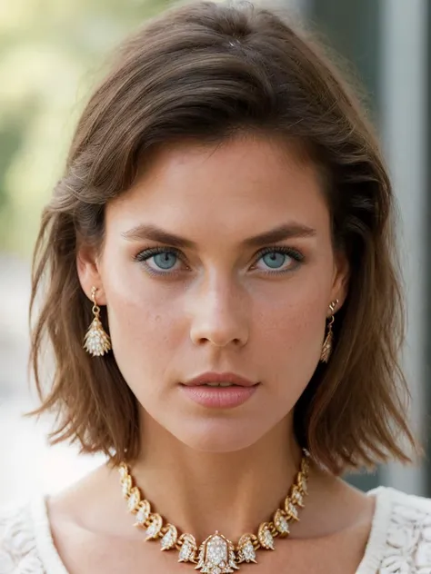A beautiful c4r0l4 woman, 1girl,solo,looking at viewer,short hair,blue eyes,jewelry,earrings,parted lips,necklace,lips,portrait,close-up,freckles,realistic,soft lighting, professional Photography, Photorealistic, detailed, RAW, analog, sharp focus, 8k, HD, high quality, masterpiece<lora:c4r0l4:1.0>