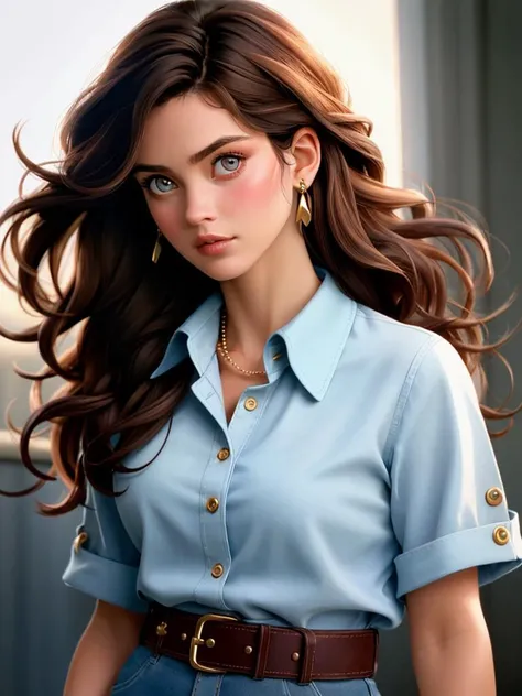 A beautiful c4r0l4 woman, 1girl,solo,long hair,looking at viewer,brown hair,jewelry,upper body,belt,lips,buttons,realistic,soft lighting, professional Photography, Photorealistic, detailed, RAW, analog, sharp focus, 8k, HD, high quality, masterpiece<lora:c4r0l4:1.0>