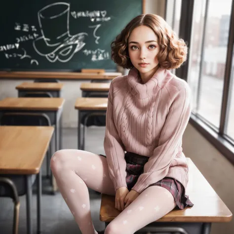 (masterpiece), (extremely intricate:1.3), (realistic, beautiful face, detailed eyes) a woman, white sclera, beautiful mouth  (dsharu, brown hair, short hair, brown eyes, black footwear, loafers, pink turtle neck sweater, plaid skirt, pleated skirt, floral print pantyhose, ribbed sweater, school uniform, shoes) sitting on a desk in a classroom with a chalkboard with scribblings in the background, (photorealistic)  <lora:dsharu-v2:1.0>, extremely detailed hands, big thighs, (film grain, warm colors, blurry background, blurry foreground, bokeh, depth of field, golden hour, motion blur:1.3),  <lora:add_detail:1.0>,  <lora:polyhedron_skinny_all:0.5>,  <lora:perfecteyes-000007:0.5>