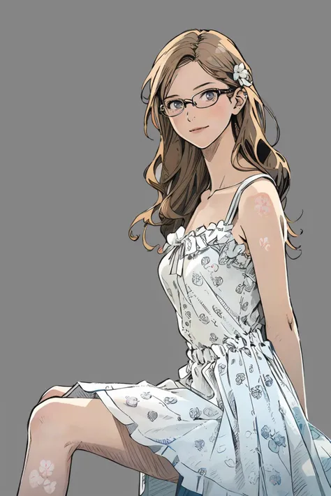 8k high quality detailed,highres,anime,comic,detailed image,
(an illustration of a teenage girl posing,(an illustration of girl,teenage girl)),(magazine_illustration),(, style of Eve Berthelette),
(, ftEver,1girl,glasses,sagging_breasts,breast_tattoo),(Shy Smile),detailed_face,
((sitting cross-legged):0.8),
((, flower_dress,white_floral_printed):0.85),(,realistic clothing texture,realistic_skin_texture),<lora:tbh111-:0.75>,<lora:ftevergreen-nvwls-v1:0.6>,<lora:flower_dress:0.65>,<lora:more_details:0.2>