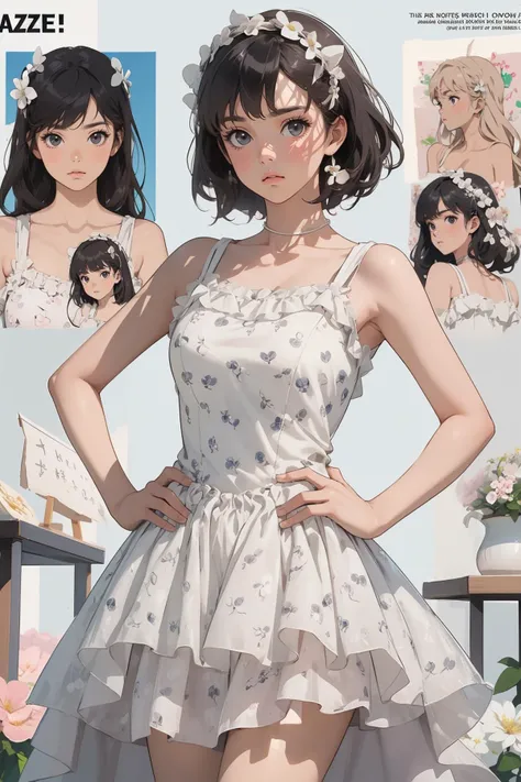 8k high quality detailed,highres,comic,anime,detailed image,
(an illustration of a teenage girl posing,magazine_sheet, (an illustration of girl,teenage girl)),(magazine_illustration),[[multiple view manuscript]],(fashion magazine),
((1girl,asian_female,hazel hair, very short hair, black eyes,skinny|thin,curvy, medium breasts):0.8),(Pout),
(Heroic Gaze, Standing tall, one hand on the hip, and looking confidently into the distance,),detailed_face,realistic_skin_texture,
(, flower_dress,white_floral_printed),realistic clothing texture,<lora:flower_dress:0.65>