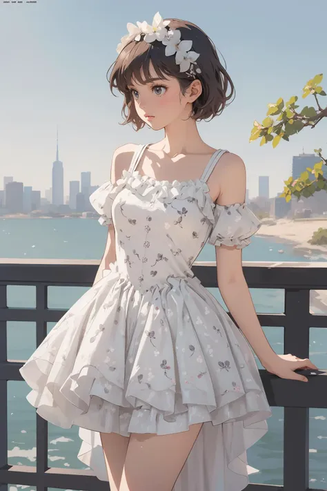 8k high quality detailed,highres,comic,anime,detailed image,
(an illustration of a teenage girl posing,magazine_sheet, (an illustration of girl,teenage girl)),(magazine_illustration),[[multiple view manuscript]],(fashion magazine),
((1girl,asian_female,hazel hair, very short hair, black eyes,skinny|thin,curvy, medium breasts):0.8),(Pout),
(Leaning against a railing, gazing into the distance,),detailed_face,realistic_skin_texture,
(, flower_dress,white_floral_printed),realistic clothing texture,<lora:flower_dress:0.65>
