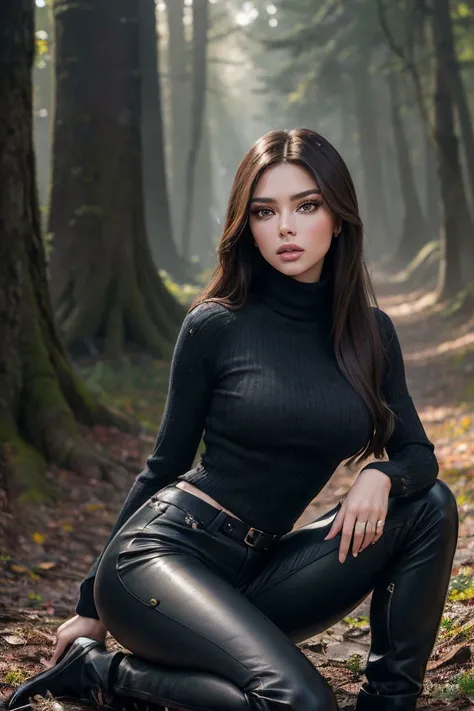 photo of S209_NastyaTitorenko,a stylish woman,in a (forest:1.1),wearing a (turtleneck-sweater:1.1),BREAK,leather-pants,(8k, RAW photo, best quality, depth of field, ultra high res:1.2),(absurdres, intricate, photorealistic, masterpiece, ultra-detailed:1.3),