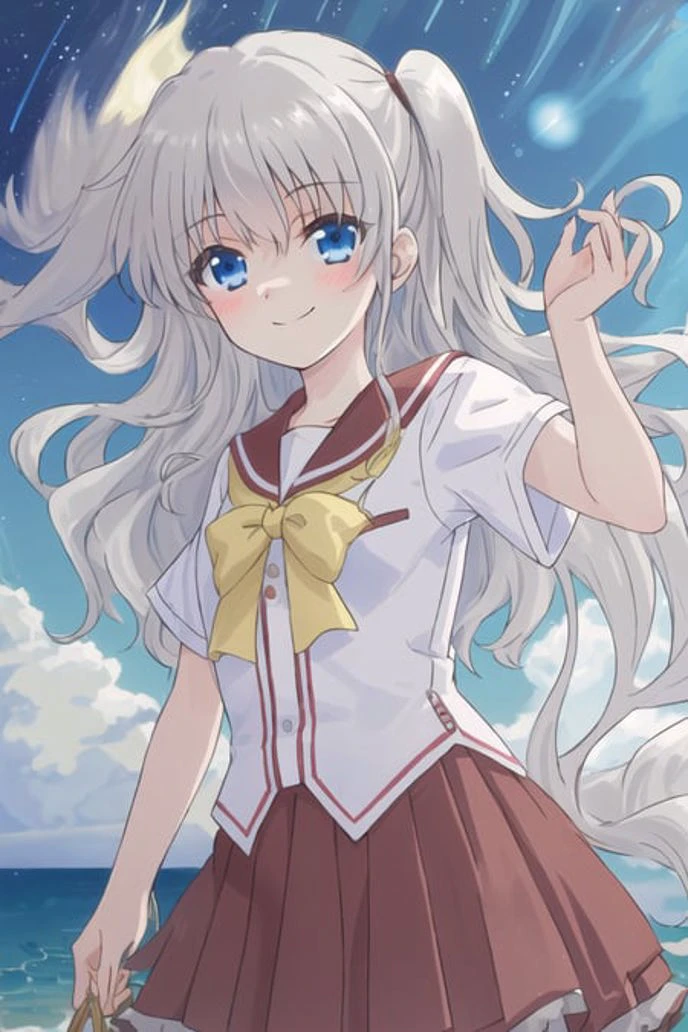 <lora:tomori_nao-000016:0.6>,(master piece:1.3),(best quality:1.3), cowboy shot, (1girl:1.2), solo,( long hair:1.3), (floating hair:1.2), (ahoge:1.1), (blush:1.1),(seductive smile:1.1),blue eyes, grey hair,medium breasts, standing, looking at viewer, (sea:1.3),(starry sky:1.3) ,beach, water, (summer:1.3),(two side up:1.3), <lora:pastelMixStylizedAnime_pastelMixLoraVersion:0.8> ,short sleeves,