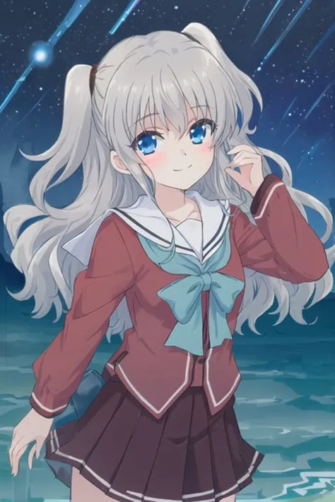 <lora:tomori_nao-000016:0.6>,(master piece:1.3),(best quality:1.3), cowboy shot, (1girl:1.2), solo,( long hair:1.3), (floating hair:1.2), (ahoge:1.1), (blush:1.1),(seductive smile:1.1),blue eyes, grey hair,medium breasts, standing, looking at viewer, (sea:1.3),(starry sky:1.3) ,beach, water, (school uniform:1.3),(two side up:1.3), <lora:pastelMixStylizedAnime_pastelMixLoraVersion:0.8>