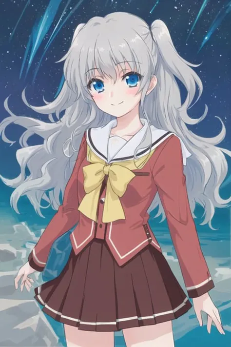 <lora:tomori_nao-000016:0.6>,(master piece:1.3),(best quality:1.3), cowboy shot, (1girl:1.2), solo,( long hair:1.3), (floating hair:1.2), (ahoge:1.1), (blush:1.1),(seductive smile:1.1),blue eyes, grey hair,medium breasts, standing, looking at viewer, (sea:1.3),(starry sky:1.3) ,beach, water, (school uniform:1.3),(two side up:1.3), <lora:pastelMixStylizedAnime_pastelMixLoraVersion:0.8>