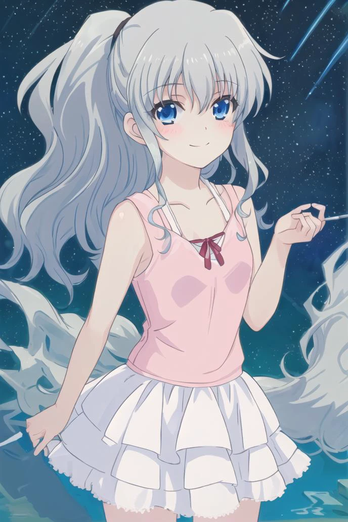 <lora:tomori_nao-000016:0.6>,(master piece:1.3),(best quality:1.3), cowboy shot, (1girl:1.2), solo,( long hair:1.3), (floating hair:1.2), (ahoge:1.1), (blush:1.1),(seductive smile:1.1),blue eyes, (blue hair ribbon:1.1), jewelry, grey hair,medium breasts, standing, looking at viewer, (sea:1.3),(starry sky:1.3) ,beach, water, (dress:1.3),(low ponytail:1.3), <lora:pastelMixStylizedAnime_pastelMixLoraVersion:0.8>