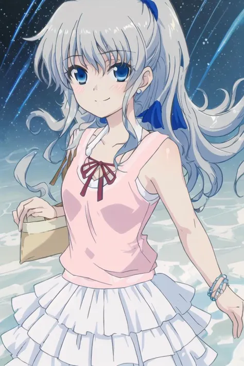 <lora:tomori_nao-000010:0.8>,(master piece:1.3),(best quality:1.3), cowboy shot, (1girl:1.2), solo,( long hair:1.3), (floating hair:1.2), (ahoge:1.1), (blush:1.1),(seductive smile:1.1),blue eyes, (blue hair ribbon:1.3), jewelry, grey hair,medium breasts, standing, looking at viewer, (sea:1.3),(starry sky:1.3) ,beach, water, (dress:1.3),(low ponytail:1.3), <lora:pastelMixStylizedAnime_pastelMixLoraVersion:0.8>