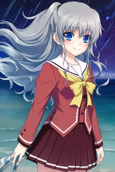 <lora:tomori_nao-000010:0.8>,(master piece:1.3),(best quality:1.3), cowboy shot, (1girl:1.2), solo,( long hair:1.3), (floating hair:1.2), (ahoge:1.1), (blush:1.1),(seductive smile:1.1),medium breasts, standing, looking at viewer, (sea:1.3),(starry sky:1.3) ,beach, water, (school uniform:1.3)