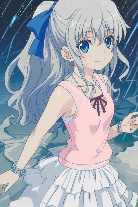 <lora:tomori_nao-000010:0.8>,(master piece:1.3),(best quality:1.3), cowboy shot, (1girl:1.2), solo,( long hair:1.3), (floating hair:1.2), (ahoge:1.1), (blush:1.1),(seductive smile:1.1),blue eyes, (blue hair ribbon:1.3), jewelry, grey hair,medium breasts, standing, looking at viewer, (sea:1.3),(starry sky:1.3) ,beach, water, (dress:1.3),(low ponytail:1.3), <lora:pastelMixStylizedAnime_pastelMixLoraVersion:0.8>