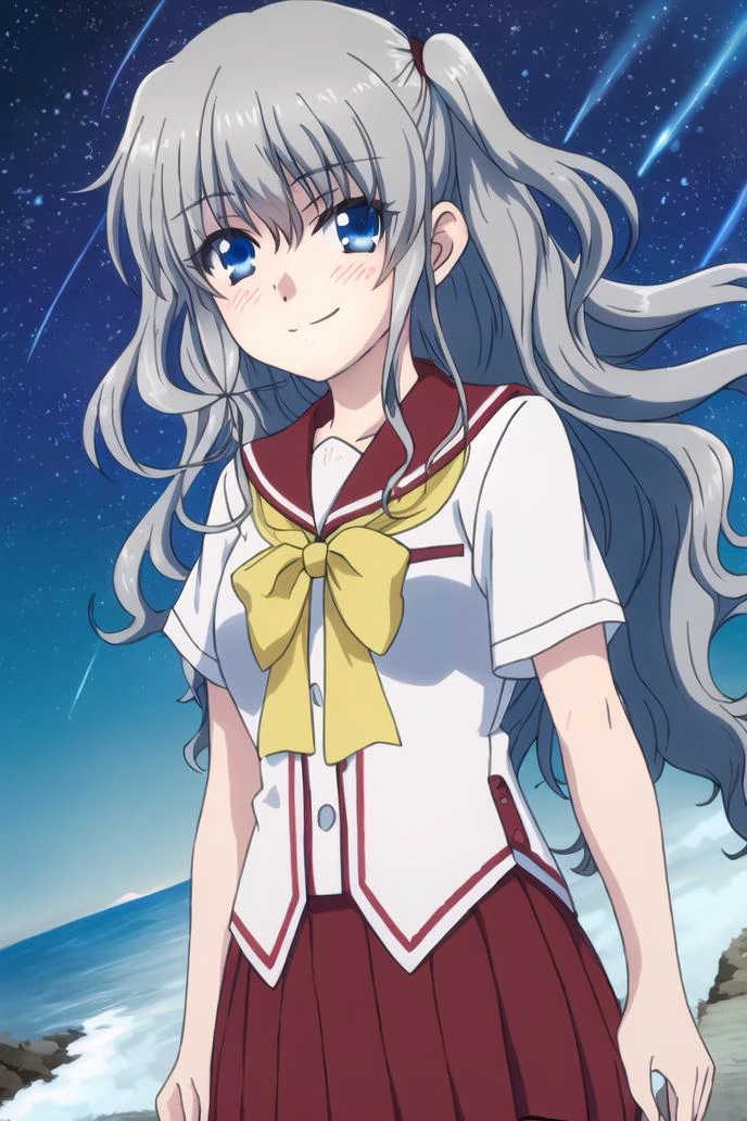 <lora:tomori_nao-000010:0.8>,(master piece:1.3),(best quality:1.3), cowboy shot, (1girl:1.2), solo,( long hair:1.3), (floating hair:1.2), (ahoge:1.1), (blush:1.1),(seductive smile:1.1),blue eyes, kneehighs, grey hair,medium breasts, standing, looking at viewer, (sea:1.3),(starry sky:1.3) ,beach, water, (summer:1.3),two side up,short sleeves
