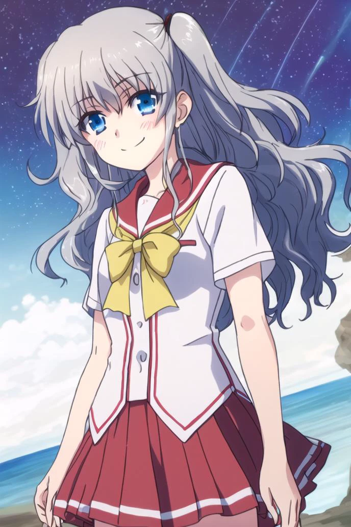 <lora:tomori_nao-000010:0.8>,(master piece:1.3),(best quality:1.3), cowboy shot, (1girl:1.2), solo,( long hair:1.3), (floating hair:1.2), (ahoge:1.1), (blush:1.1),(seductive smile:1.1),blue eyes, kneehighs, grey hair,medium breasts, standing, looking at viewer, (sea:1.3),(starry sky:1.3) ,beach, water, (summer:1.3),two side up,short sleeves