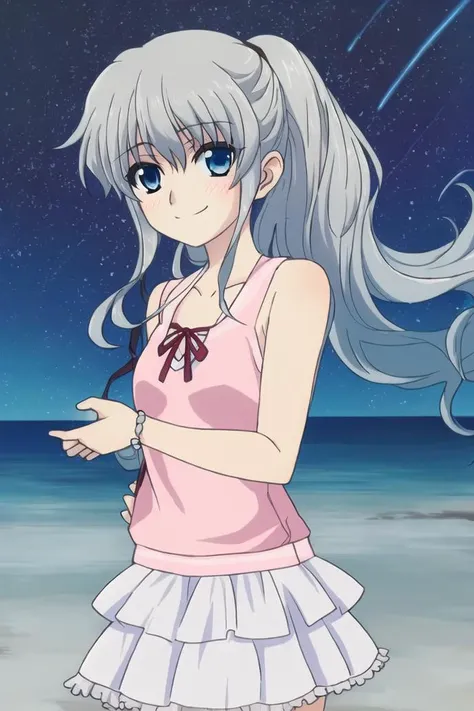 <lora:tomori_nao-000010:0.8>,(master piece:1.3),(best quality:1.3), cowboy shot, (1girl:1.2), solo,( long hair:1.3), (floating hair:1.2), (ahoge:1.1), (blush:1.1),(seductive smile:1.1),blue eyes, kneehighs, grey hair,medium breasts, standing, looking at viewer, (sea:1.3),(starry sky:1.3) ,beach, water, (dress:1.3),(low ponytail:1.3),