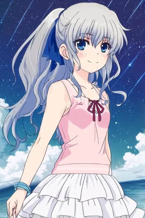<lora:tomori_nao-000010:0.8>,(master piece:1.3),(best quality:1.3), cowboy shot, (1girl:1.2), solo,( long hair:1.3), (floating hair:1.2), (ahoge:1.1), (blush:1.1),(seductive smile:1.1),blue eyes, (blue hair ribbon:1.3), jewelry, grey hair,medium breasts, standing, looking at viewer, (sea:1.3),(starry sky:1.3) ,beach, water, (dress:1.3),(low ponytail:1.3),