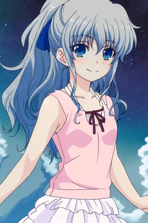 <lora:tomori_nao-000010:0.8>,(master piece:1.3),(best quality:1.3), cowboy shot, (1girl:1.2), solo,( long hair:1.3), (floating hair:1.2), (ahoge:1.1), (blush:1.1),(seductive smile:1.1),blue eyes, (blue hair ribbon:1.3), jewelry, grey hair,medium breasts, standing, looking at viewer, (sea:1.3),(starry sky:1.3) ,beach, water, (dress:1.3),(low ponytail:1.3),