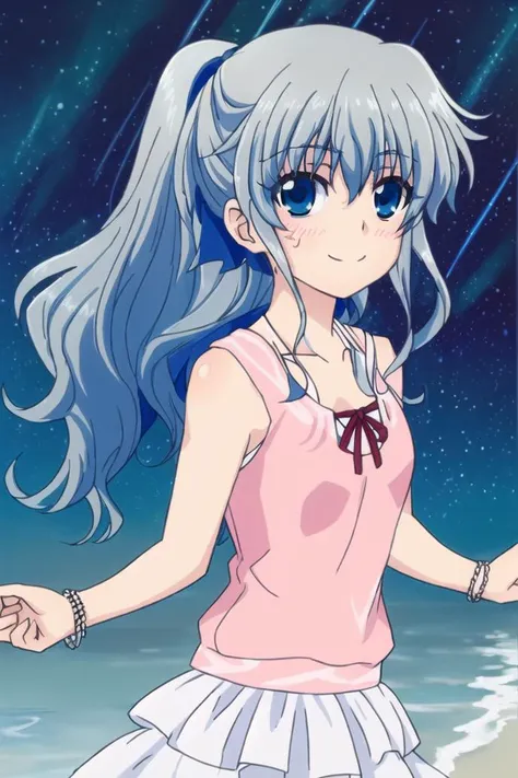<lora:tomori_nao-000010:0.8>,(master piece:1.3),(best quality:1.3), cowboy shot, (1girl:1.2), solo,( long hair:1.3), (floating hair:1.2), (ahoge:1.1), (blush:1.1),(seductive smile:1.1),blue eyes, (blue hair ribbon:1.3), jewelry, grey hair,medium breasts, standing, looking at viewer, (sea:1.3),(starry sky:1.3) ,beach, water, (dress:1.3),(low ponytail:1.3),