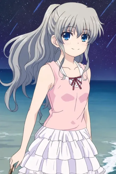 <lora:tomori_nao-000010:0.8>,(master piece:1.3),(best quality:1.3), cowboy shot, (1girl:1.2), solo,( long hair:1.3), (floating hair:1.2), (ahoge:1.1), (blush:1.1),(seductive smile:1.1),blue eyes, kneehighs, grey hair,medium breasts, standing, looking at viewer, (sea:1.3),(starry sky:1.3) ,beach, water, (dress:1.3),(low ponytail:1.3),