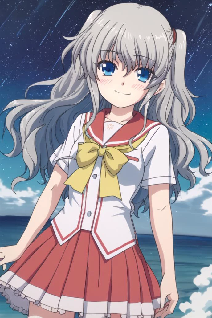 <lora:tomori_nao-000010:0.8>,(master piece:1.3),(best quality:1.3), cowboy shot, (1girl:1.2), solo,( long hair:1.3), (floating hair:1.2), (ahoge:1.1), (blush:1.1),(seductive smile:1.1),blue eyes, kneehighs, grey hair,medium breasts, standing, looking at viewer, (sea:1.3),(starry sky:1.3) ,beach, water, (summer:1.3),two side up,short sleeves