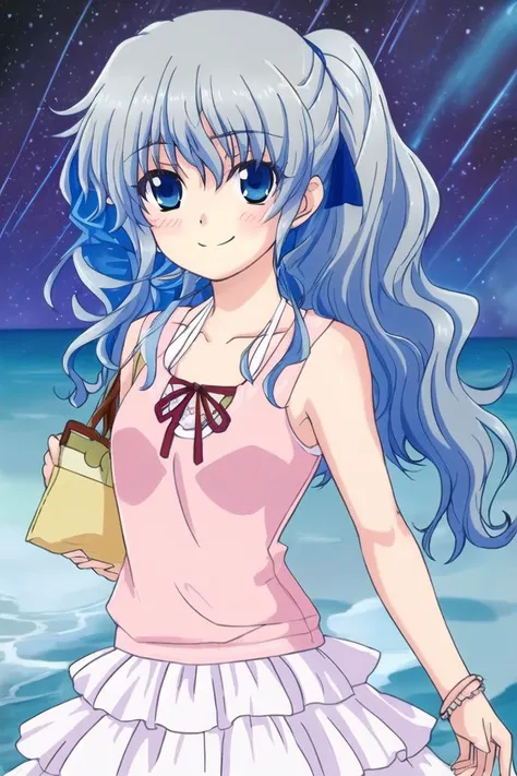 <lora:tomori_nao-000010:0.8>,(master piece:1.3),(best quality:1.3), cowboy shot, (1girl:1.2), solo,( long hair:1.3), (floating hair:1.2), (ahoge:1.1), (blush:1.1),(seductive smile:1.1),blue eyes, (blue hair ribbon:1.3), jewelry, grey hair,medium breasts, standing, looking at viewer, (sea:1.3),(starry sky:1.3) ,beach, water, (dress:1.3),(low ponytail:1.3),