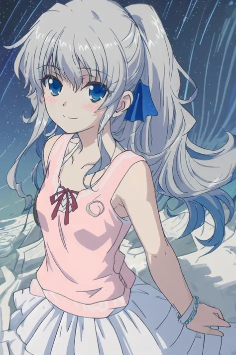 <lora:tomori_nao-000010:0.8>,(master piece:1.3),(best quality:1.3), cowboy shot, (1girl:1.2), solo,( long hair:1.3), (floating hair:1.2), (ahoge:1.1), (blush:1.1),(seductive smile:1.1),blue eyes, (blue hair ribbon:1.3), jewelry, grey hair,medium breasts, standing, looking at viewer, (sea:1.3),(starry sky:1.3) ,beach, water, (dress:1.3),(low ponytail:1.3), <lora:pastelMixStylizedAnime_pastelMixLoraVersion:0.8>