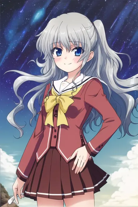 <lora:tomori_nao-000010:0.8>,(master piece:1.3),(best quality:1.3), cowboy shot, (1girl:1.2), solo,( long hair:1.3), (floating hair:1.2), (ahoge:1.1), (blush:1.1),(seductive smile:1.1),medium breasts, standing, looking at viewer, (sea:1.3),(starry sky:1.3) ,beach, water, (school uniform:1.3)