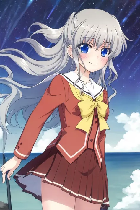 <lora:tomori_nao-000010:0.8>,(master piece:1.3),(best quality:1.3), cowboy shot, (1girl:1.2), solo,( long hair:1.3), (floating hair:1.2), (ahoge:1.1), (blush:1.1),(seductive smile:1.1),medium breasts, standing, looking at viewer, (sea:1.3),(starry sky:1.3) ,beach, water, (school uniform:1.3)
