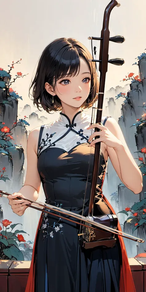 1 Girl,short hair,play erhu,Holding Erhu,,, (((masterpiece,best quality))),((Good structure,Good composition,Good atomicity)), ((Clear, The original,beautiful)),