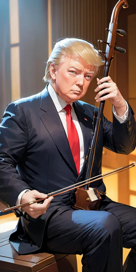 Donald Trump,suit,sitting,playing erhu,holding erhu,<lora:erhu xl V2-v:0.8>, (((masterpiece,best quality))),((good structure,Good composition,good atomy)), ((clear, original,beautiful)),
