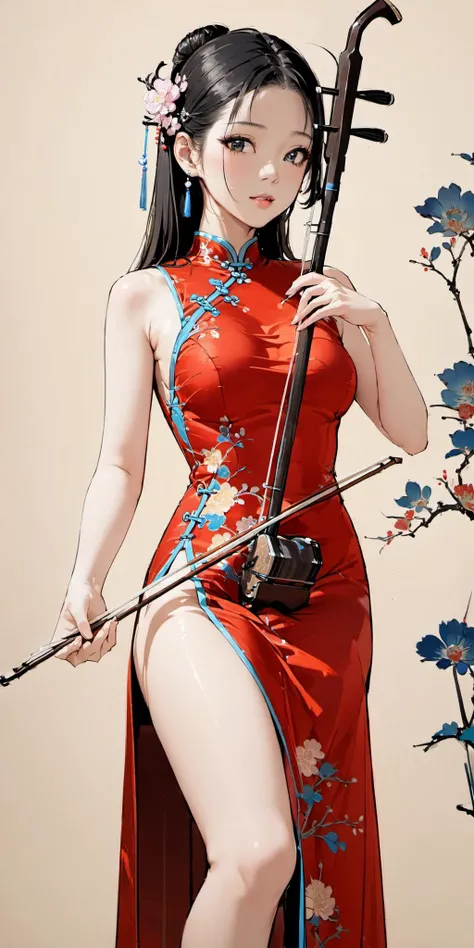 1girl,long hair,playing erhu,holding erhu,cheongsam,sitting on high chair,,<lora:erhu xl V2-v:0.8>, (((masterpiece,best quality))),((good structure,Good composition,good atomy)), ((clear, original,beautiful)),