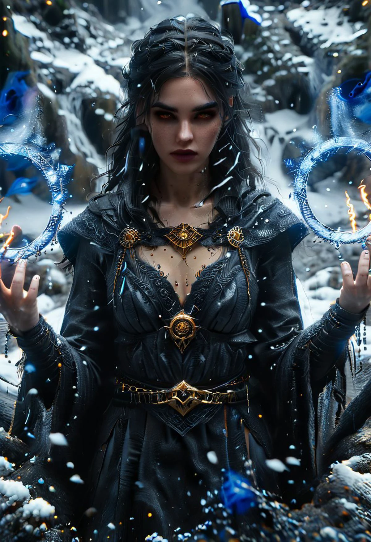serana,,voutfit, red eyes,slit pupils,|orange eyes, yellow eyes,|glowing pupils, glowing eyes,, crown braid,cleavage,sharp fingernails,black lips,cape, full body portrait, ((Spell rings, runic circles, mystical power, blue glowing particles, ais-darkpartz)), skyrim, the elder scrolls Bokeh blur, colorful, masterpiece, photorealistic, snow, ais-darkpartz, <lora:add-detail-xl:1.5> <lora:Dark_Particles_Style_SDXL:1> <lora:XL_Weapon_Ring_Spells_-_By_HailoKnight:0.95> <lora:Serana:0.8>