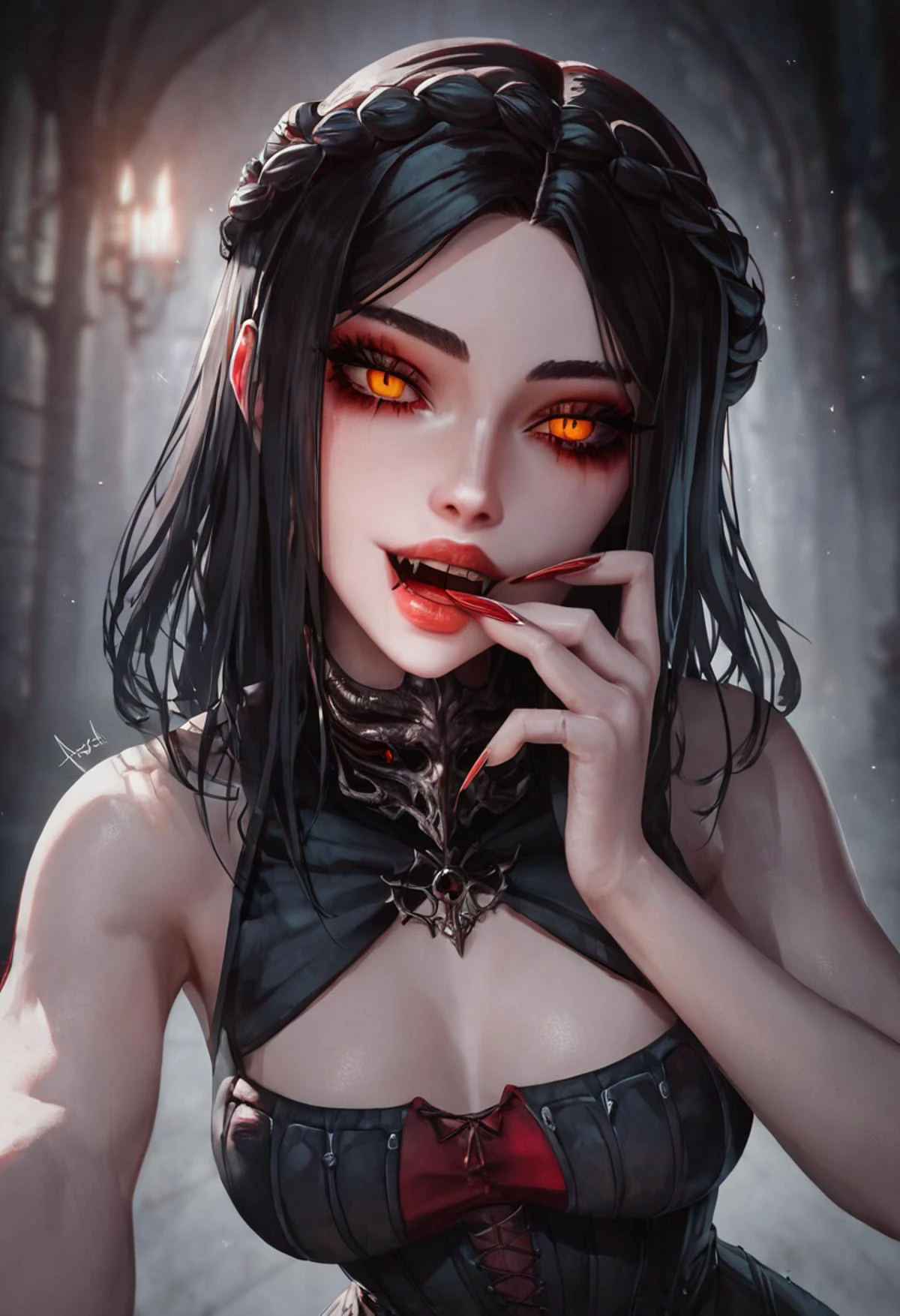 score_9, score_8_up, score_7_up, Expressiveh, 1girl, 25 years old, makeup, thin lips, detailed skin, beautyful face, perfect body, soft painting, pushup, (fangs), teeth, nails, rating_explicit, in dungeon, solo, slim waist, slim body, voutfit, agressive face,
,serana, crown braid, sharp fingernails, red eyes,orange eyes, yellow eyes, intricate cinematic background, (squinted eyes, eye contact), concept art, digital art, open mouth, bloody mouth, dark, torchlight, cinematic shot, horror, (wants bite viewer), pov,
<lora:Concept Art Ultimatum Style LoRA_Pony XL v6:0.8>, <lora:Serana:0.65>