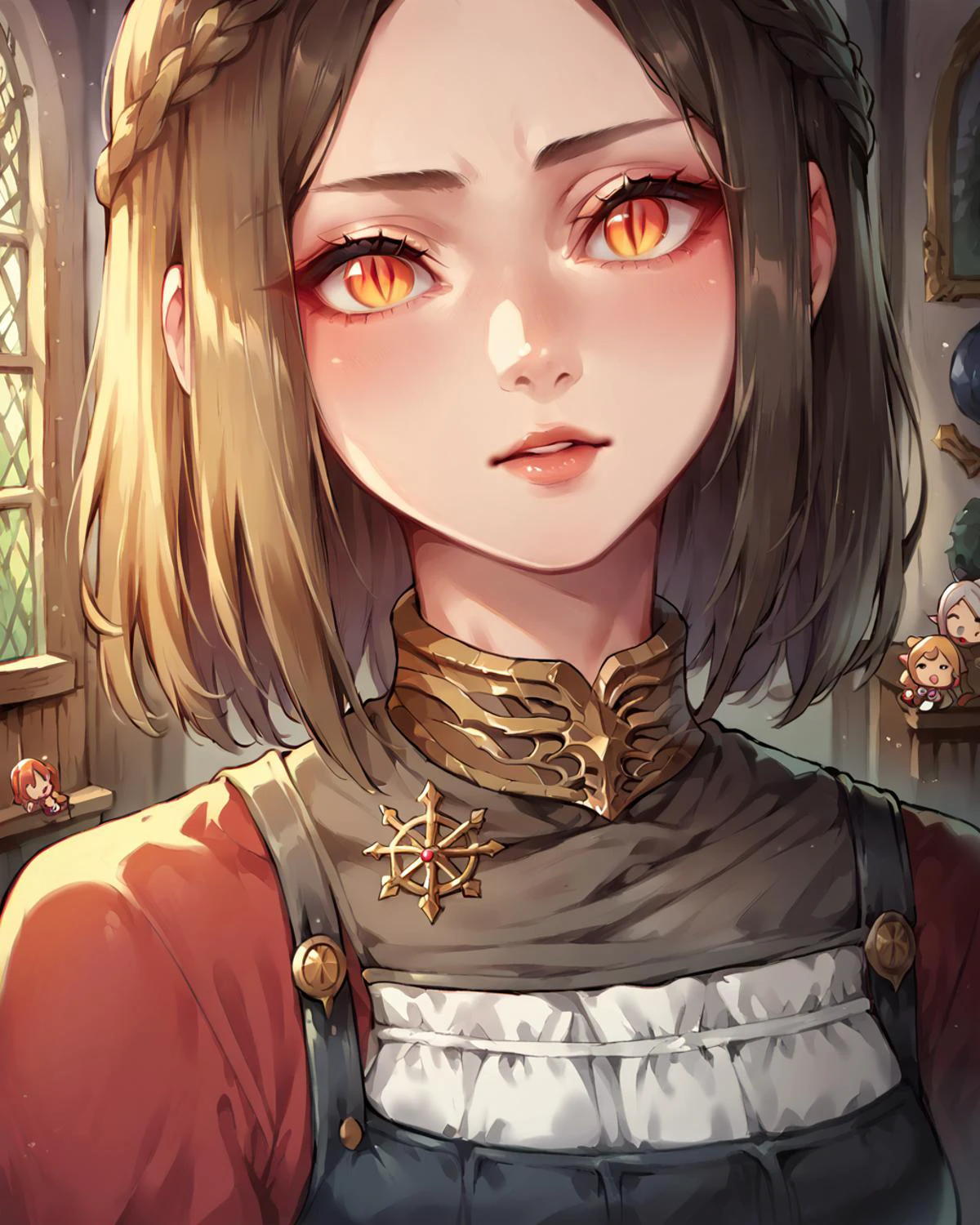 score_9, score_8_up, score_7_up, score_6_up, score_5_up, (chibi) painting, 1girl, young serana, (slit pupils) castle interior, dress, close-up, portrait, wooden frame <lora:Serana-000016:1>
<lora:takeda_hiromitsu_style_xl_goofy:0.5>, (symmetrical pupils)