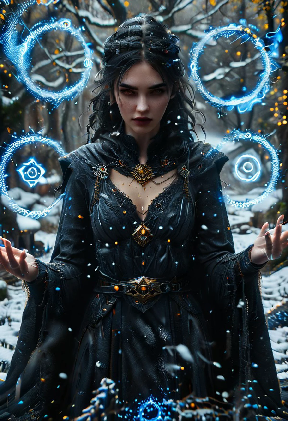 serana,,voutfit, red eyes,slit pupils,|orange eyes, yellow eyes,|glowing pupils, glowing eyes,, crown braid,cleavage,sharp fingernails,black lips,cape, full body portrait, ((Spell rings, runic circles, mystical power, blue glowing particles, ais-darkpartz)), skyrim, the elder scrolls Bokeh blur, colorful, masterpiece, photorealistic, snow, ais-darkpartz, <lora:add-detail-xl:1.5> <lora:Dark_Particles_Style_SDXL:1> <lora:XL_Weapon_Ring_Spells_-_By_HailoKnight:0.95> <lora:Serana:0.8>