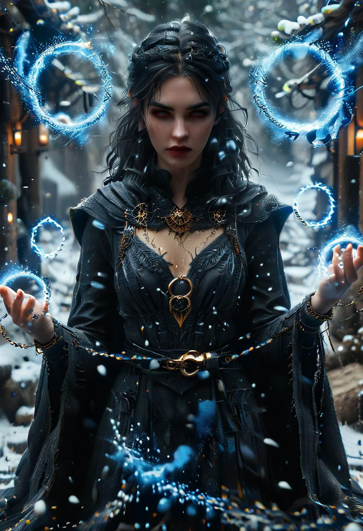 serana,,voutfit, red eyes,slit pupils,|orange eyes, yellow eyes,|glowing pupils, glowing eyes,, crown braid,cleavage,sharp fingernails,black lips,cape, full body portrait, ((Spell rings, runic circles, mystical power, blue glowing particles, ais-darkpartz)), skyrim, the elder scrolls Bokeh blur, colorful, masterpiece, photorealistic, snow, ais-darkpartz, <lora:add-detail-xl:1.5> <lora:Dark_Particles_Style_SDXL:1> <lora:XL_Weapon_Ring_Spells_-_By_HailoKnight:0.85> <lora:Serana:0.8>