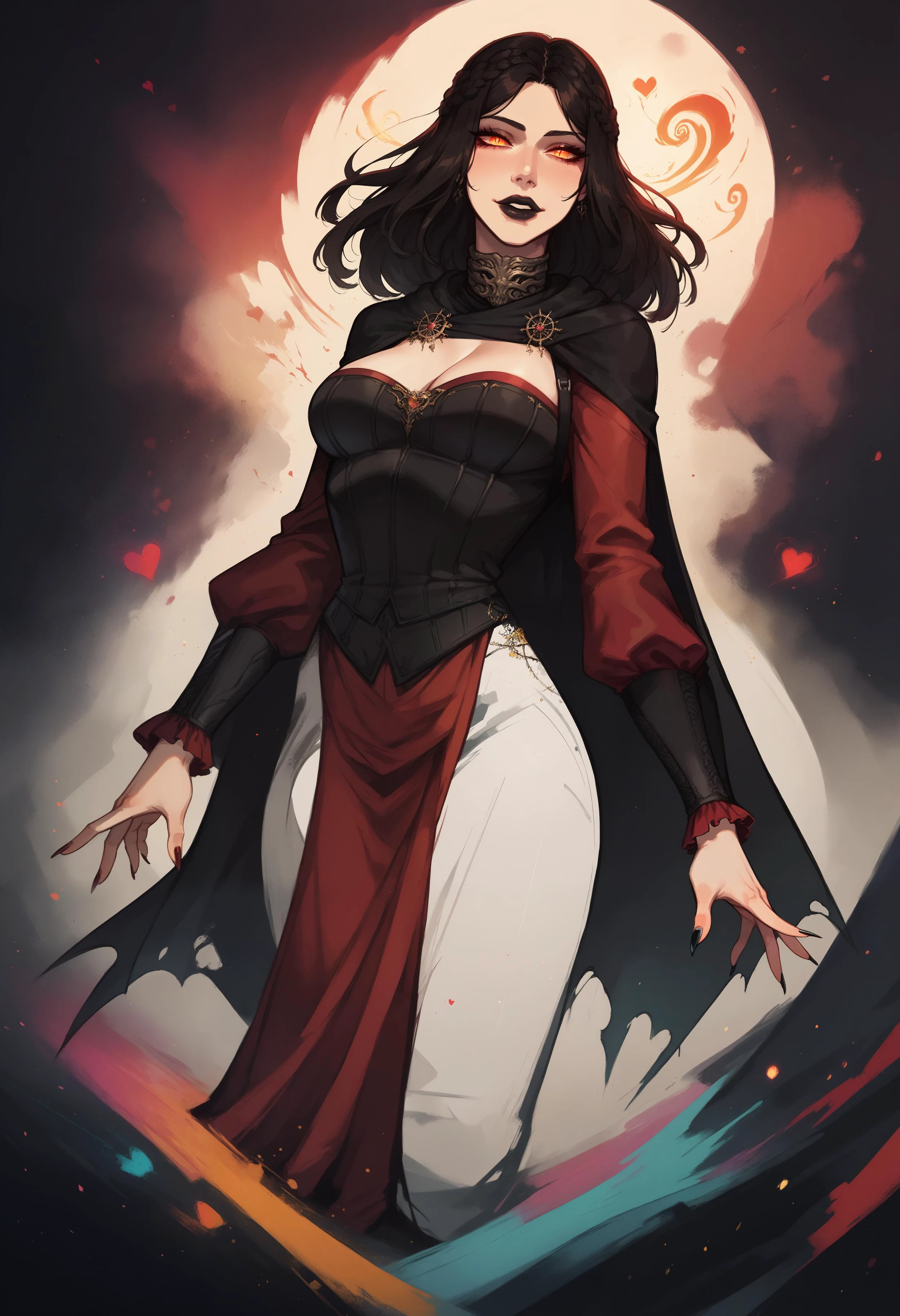 score_9, score_8_up, score_7_up, 1girl, solo,
expressive, naughty face, floating hearts, dutch angle
, full body, levitating, psychic,
<lora:incase_v14: 0.6 >
<lora:Serana:0.7> serana, red eyes, slit pupils, orange eyes, yellow eyes, glowing pupils, glowing eyes , crown braid, cleavage, sharp fingernails, black lips, cape, voutfit
<lora:NoctAbstractConcept:0.8> abstract, abstract background, particles, colorful