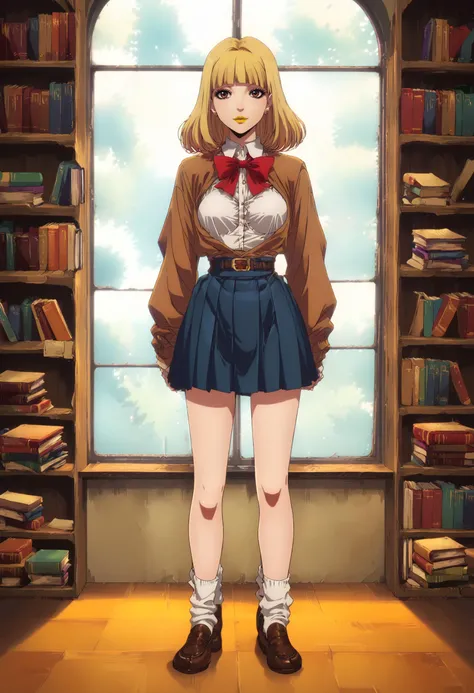 (score_9,score_8_up,score_7_up),(anime, source_anime:1.2), vintage, 1990s \(style\), full body, standing sideways, (contrasting colors, bright colors, bright classroom, colorful:1.2),1girl, (Hana_Midorikawa:1.4), (school uniform), blonde hair, blunt bangs, yellow lipstick, eyelashes, (inside magical library, books, detailed background:1.3), thin waist, curves, medium size breasts, saggy breasts, <lora:Hana_Midorikawa_v10:1.05>, <lora:OldAnimeStyle_XL_v3:0.65>, <lora:xl_more_art-full_v1:1.2>, <lora:add-detail-xl:1.1>