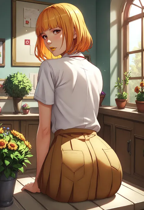 (score_9,score_8_up,score_7_up),(anime:1.2), (contrasting colors, bright colors:1.1), 1girl, (Hana_Midorikawa:1.2) , looking back, biting lip, school uniform, blunt bangs, yellow lipstick, eyelashes,  looking back, from behind, large booty, bubble butt, (tight skirt:1.1), (garden, sunshine, detailed background:1.2),    <lora:Hana_Midorikawa_v10:1>