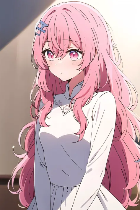 <lora:minamikotobuki_v5:0.65>, minamikotobuki\(oshinoko\), pink hair, pink eyes,
closed mouth, standing, small breasts, long hair,breasts, bride dress, white dress,
(high quality:1.1), (high resolution:1.1), 4k, 1girl, (upper body:1.2) , hair ornament, curly hair, messy hair, <lora:NoiseOffset_v2:1.0>