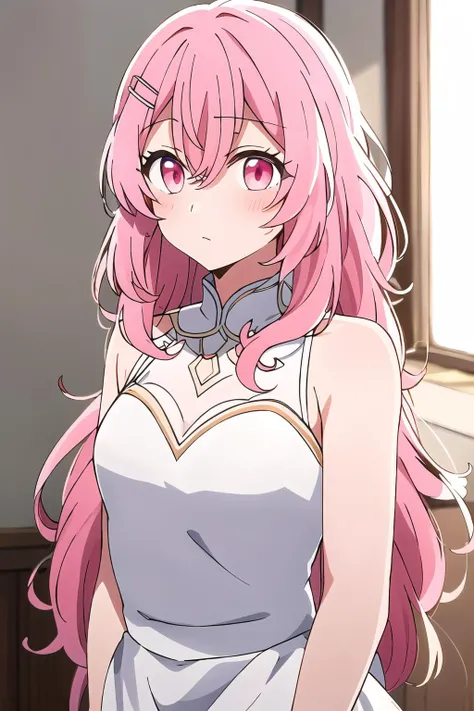 <lora:minamikotobuki_v5:0.65>, minamikotobuki\(oshinoko\),  pink hair, pink eyes, 
closed mouth, standing, small breasts, long hair,breasts, bride dress, white dress, 
 (high quality:1.1), (high resolution:1.1), 4k, 1girl, (upper body:1.2) , hair ornament, curly hair, messy hair, <lora:NoiseOffset_v2:1.0>