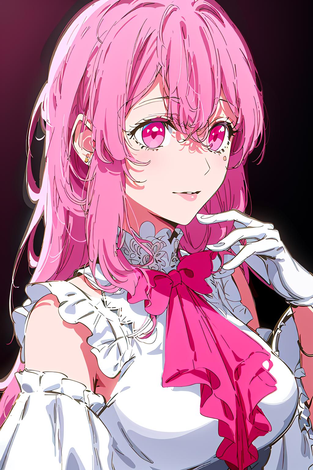 Anime girl with pink hair and pink eyes wearing a white dress - SeaArt AI