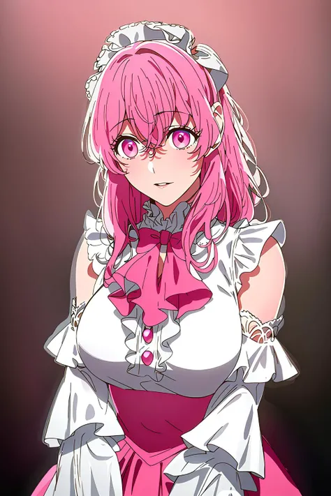 ultra realistic 8k cg, masterpiece, ((ultra detailed background, delicate pattern, intricate detail)), (highly detailed, fine details), best quality,(photorealistic:1.4),beautiful lighting, absurdres, RAW photo, film grain, 1girl, solo, 1girl, pink hair, pink eyes, anime screencap, anxious, white dress, frilled dress, upper body, gloves, (frilled sleeves:1.49), ascot, earrings, heart, necklace, cowboy shot, minamikotobuki\(oshinoko\), <lora:MinamiKotobuki:0.7>