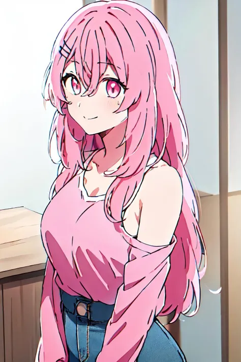 ((masterpiece,Highest quality:1.3,best quality illustration)),cowboy shot,独奏,1woman,(Mature Beauty),pink hair,straight long hair,bangs,light blue eyes,(gorgeous eyes),((very small head:1.3)),shy,((very long body:1.2,skinny)),small breasts,(Pink baseball jacket、Navy blue pleated mini skirt),gleaming skin,oily skin,slender body,sweat,standing,Simple bed、Simple hotel bedroom、nsfw,
