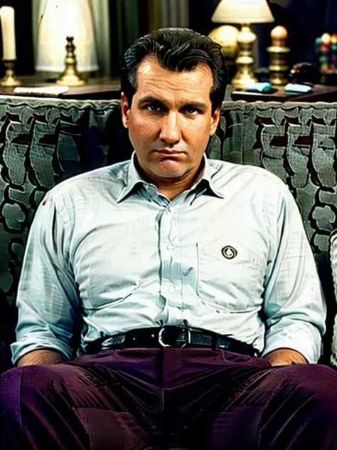 Al768 , a man,  close up portrait, 80s living room, sitting on a couch, photography, trending on artstation, sharp focus, studio photo, intricate details, highly detailed, by greg rutkowski   <lora:Al768:0.8>