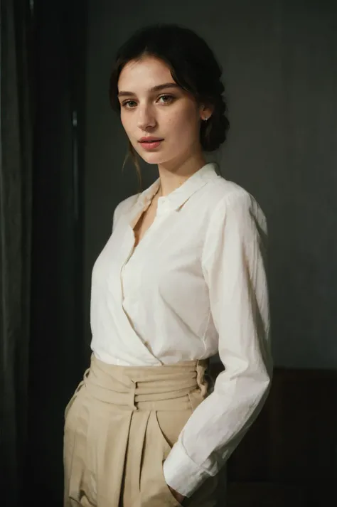 futuraalice14120v5, Portrait of pretty young (18-year-old) pale milky white skin Caucasian woman ((Playfully tugging at clothing, with a mischievous smile and captivating eyes.:1.07)), (flat chest:1.15), outdoor, BREAK (blonde Timeless Updo: A sophisticated updo with twists, braids, or a neat bun, creating a refined and chic look.), no makeup, long dainty necklace, ((Silk wrap blouse with wide-leg trousers.)) , <lora:epi_noiseoffset2:1> BREAK (magazine cover:1.10), BREAK (masterpiece, extremely detailed skin, photorealistic, heavy shadow, dramatic and cinematic lighting, key light, fill light), sharp focus, BREAK location is (outdoor Berlin, Germany), <lora:InstantPhotoX3:0.7>, <lora:ClothingAdjuster3:-0.7>