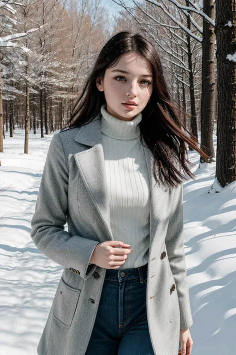 photo of (futuraalice14120v5:0.99), a woman, (((walking in a winter_forest))), (((snow))), modelshoot style, (extremely detailed CG unity 8k wallpaper), photo of the most beautiful artwork in the world, professional majestic (photography by Steve McCurry), 8k uhd, dslr, soft lighting, high quality, film grain, Fujifilm XT3 sharp focus, f 5.6, High Detail, Sharp focus, dramatic, (wearing a turtleneck sweater), (((wearing a winter_coat))), ((wearing jeans_pants)), (looking at viewer:1.2), (detailed pupils:1.3), (natural light), (((medium-long shot:1.2)))