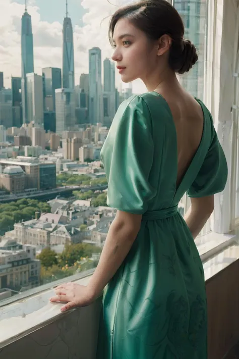 j14n16 in a green dress looking out a window, trending on cg society, city views, chaumet style, beautiful soft silky dress, tailored clothing <lora:j14n16:1>