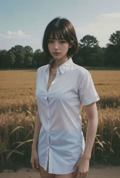 80's_jiaopian, 1girl, black hair, ((realistic)), ((photorealistic)),((high-res, masterpiece, best quality, cinema lighting)), cowboy shot, close-up, long lair, white shirt, looking at viewer,standing, upper body, outdoors, european town, wooden houses, scarecrow, afternoon, field,corn field, golden corn field, <lora:80's_style:0.8>